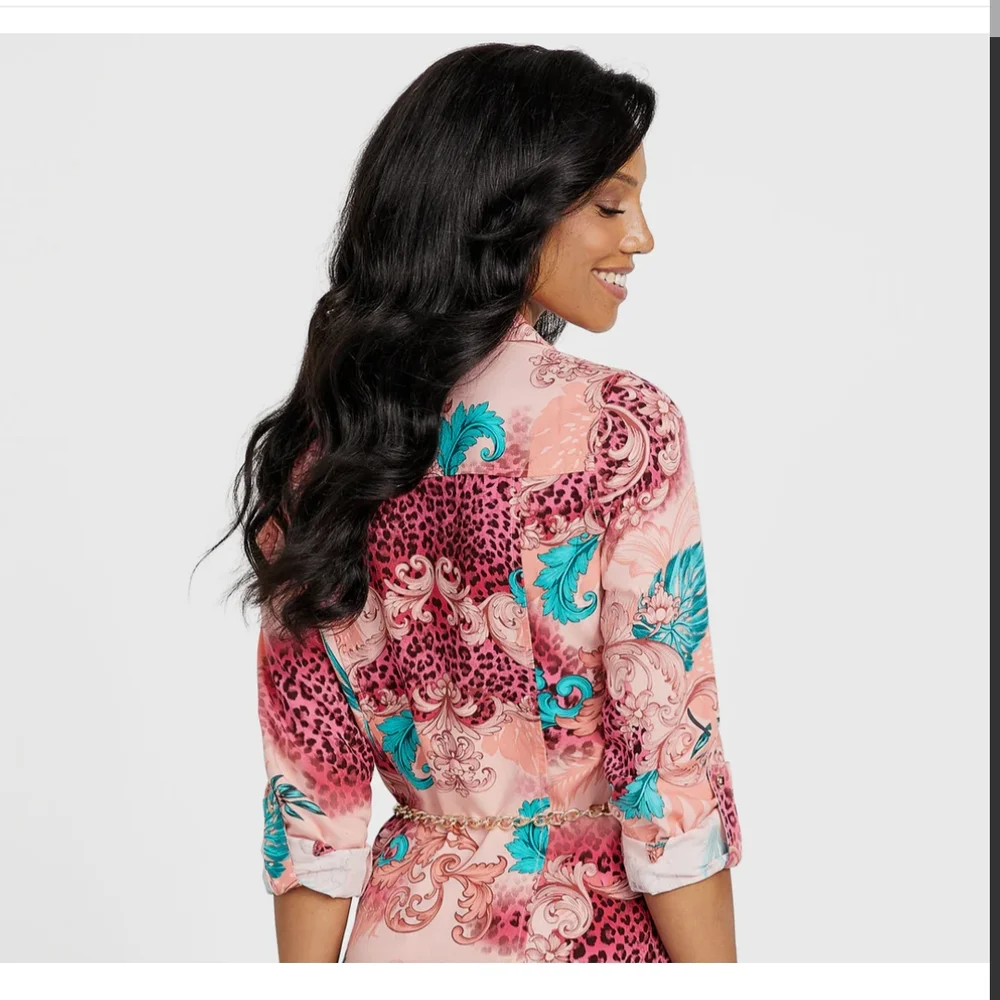 SOLD Pink and Blue Patterned Shirt Dress - Picture 5 of 12